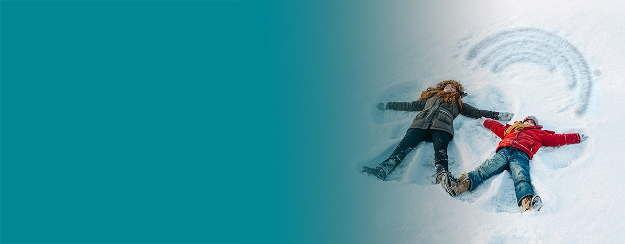 Two children making snow angels in the snow, with the Security Finance logo subtly imprinted nearby.